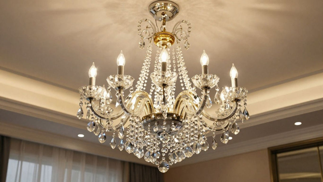 Elegant crystal chandelier in a modern living room.