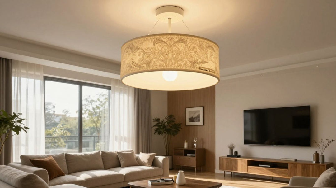 Stylish Dunelm ceiling light shade in a modern living room.