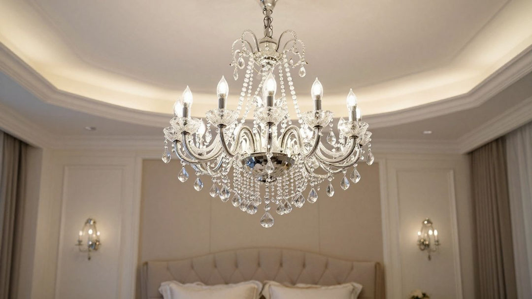 Elegant bedroom chandelier illuminating a luxurious sleeping space.