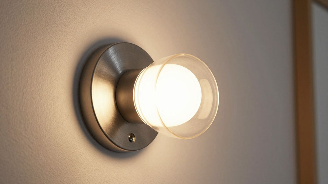 Brushed steel wall light fixture with warm glow.