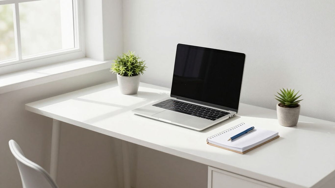 Small home office desk with laptop and plant.