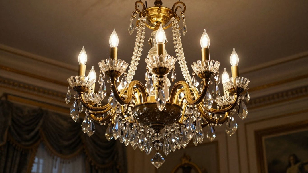 Ornate antique crystal chandelier in an elegant room.