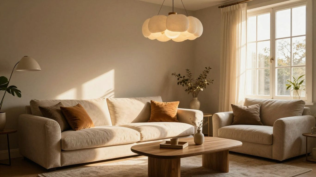 Small chandelier illuminating a cozy living room.