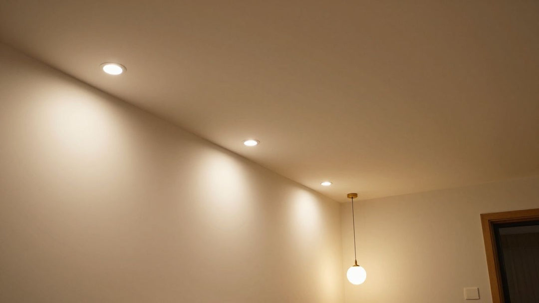 Slanted ceiling with recessed and pendant lighting.