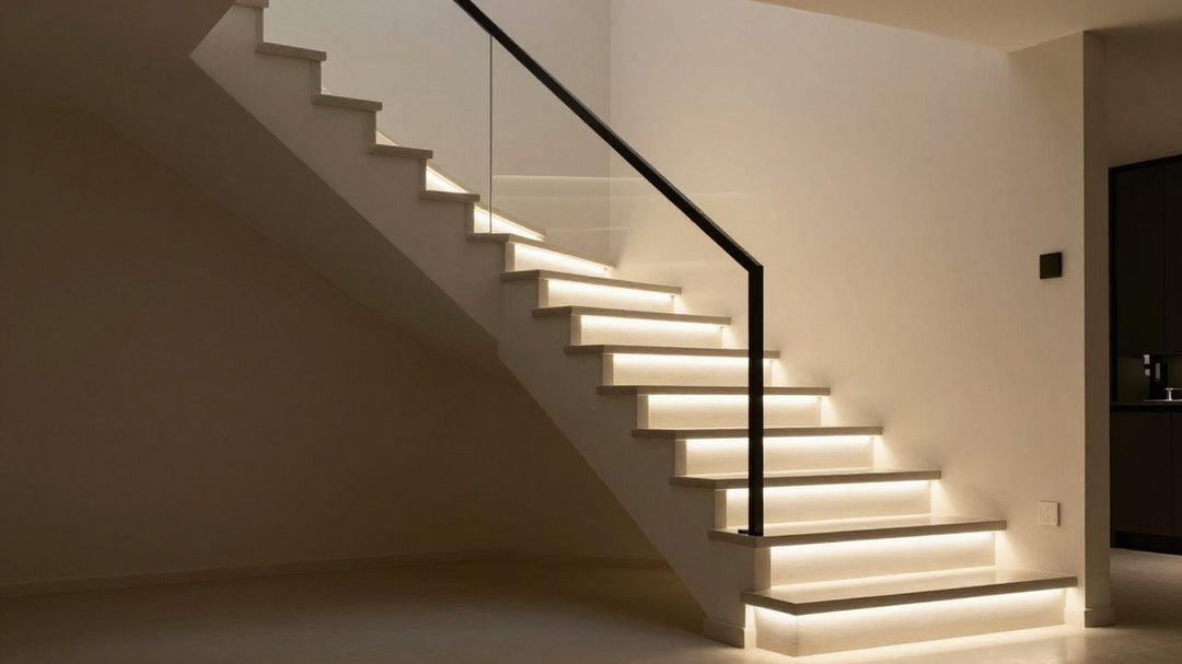 Modern stairs with integrated LED lighting.