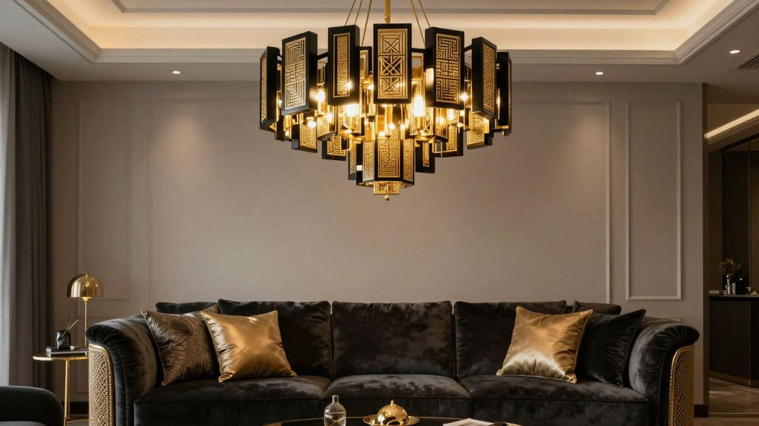 Black and gold chandelier in a luxurious living room.