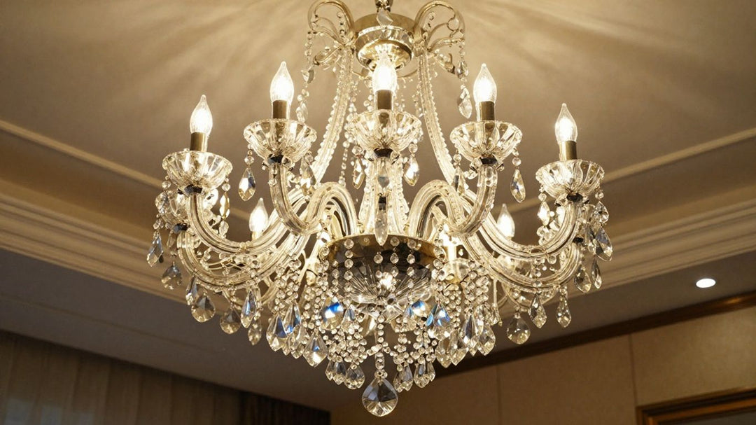Modern glass chandelier illuminating a luxurious room.