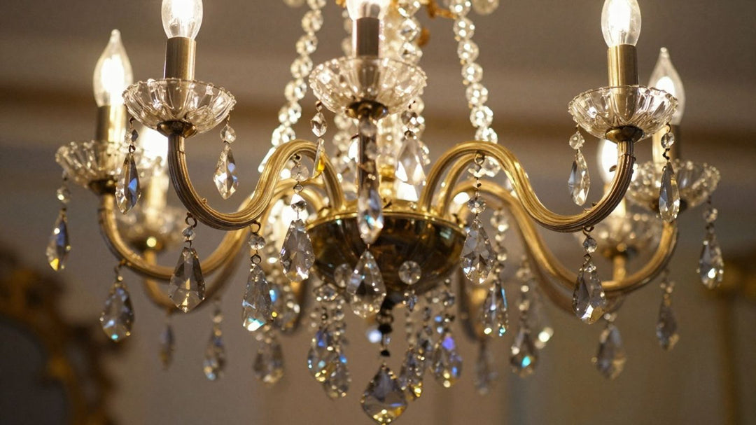 Miniature crystal chandelier sparkling with light.