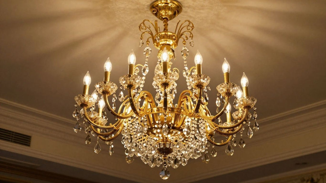 Elegant gold chandelier illuminating a luxurious room.