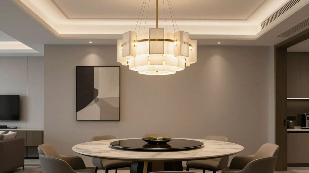 Modern dining room chandelier illuminating a table.