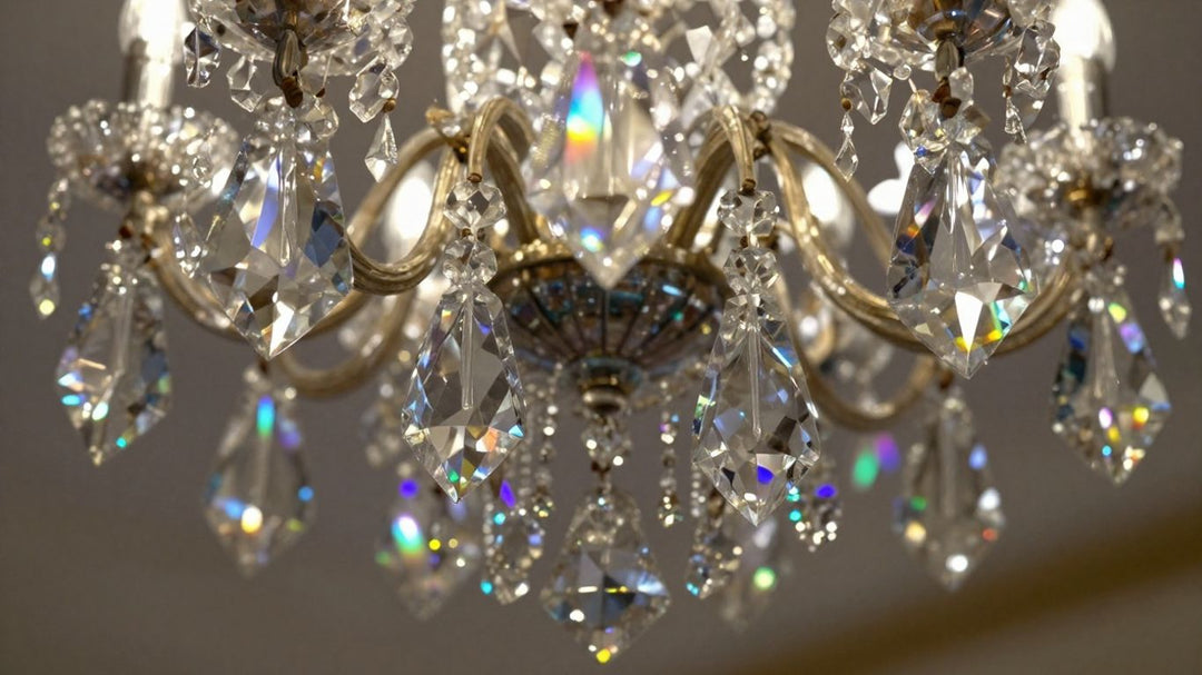 Sparkling vintage chandelier crystals with rainbow light refractions.