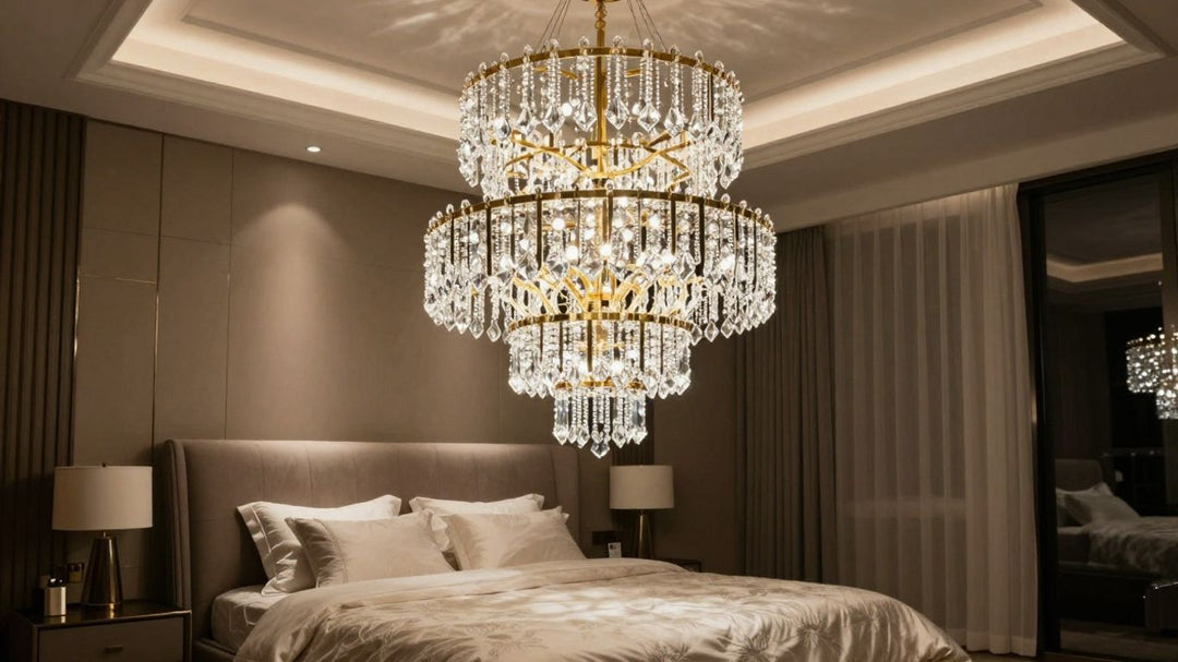 Modern bedroom with a crystal chandelier above bed.