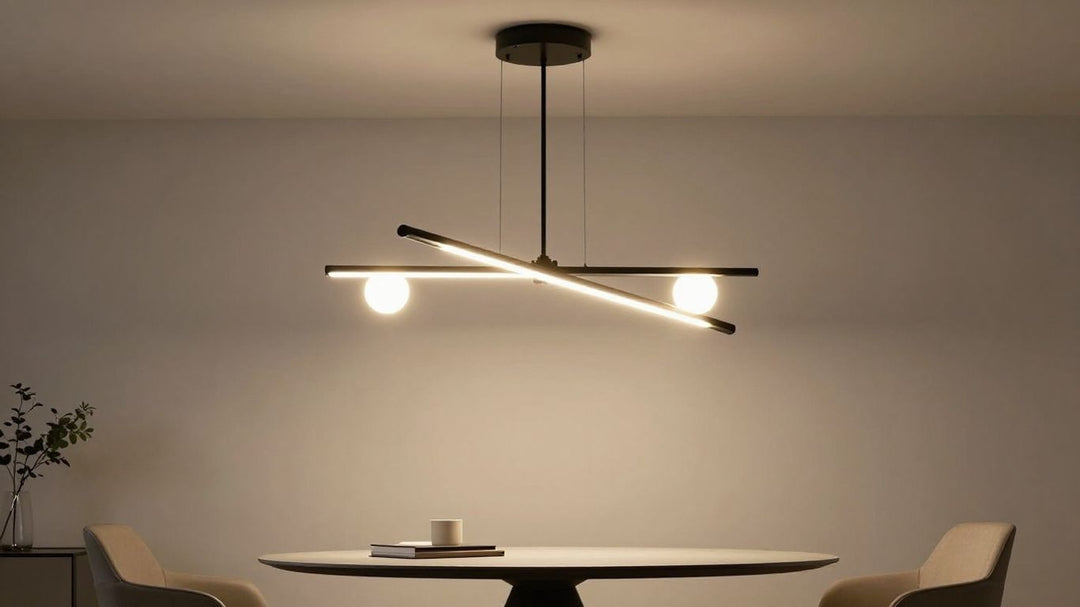 Black pendant light in a modern living room.