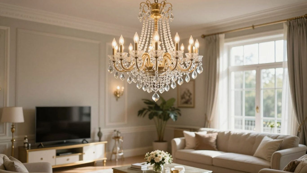 Elegant crystal chandelier in a sunlit living room.