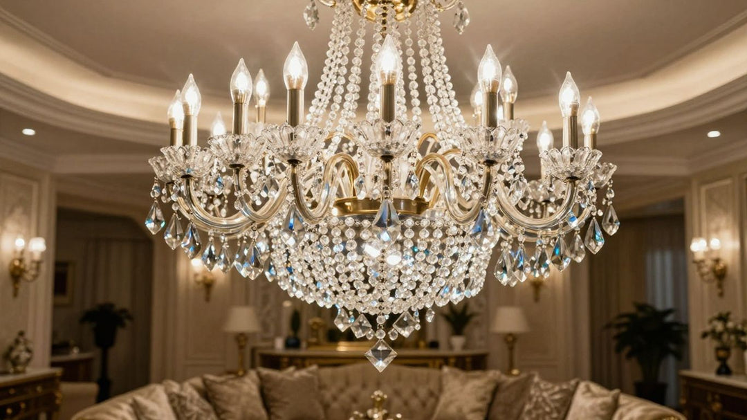 Crystal chandelier illuminating a luxurious living room.