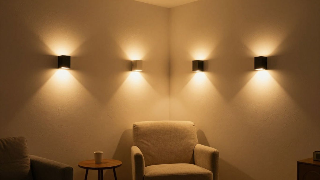 Plug-in wall lights illuminating a living room corner.