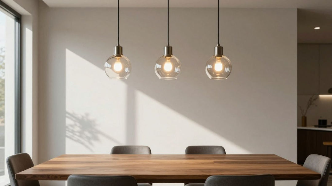 Stylish three-light pendant light over a dining table.