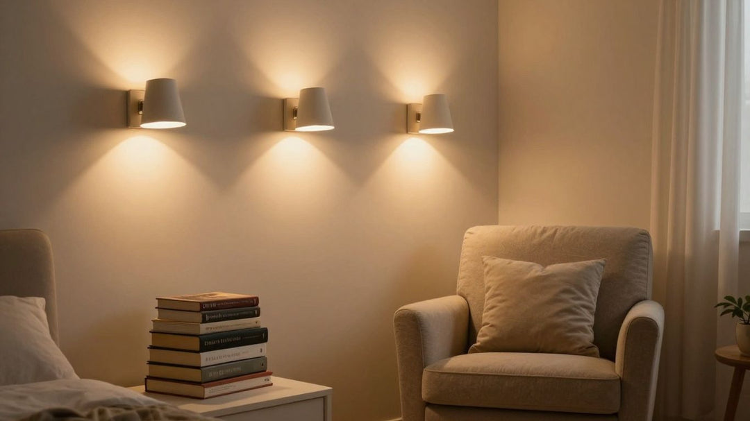 Cozy bedroom reading nook with warm wall lights.