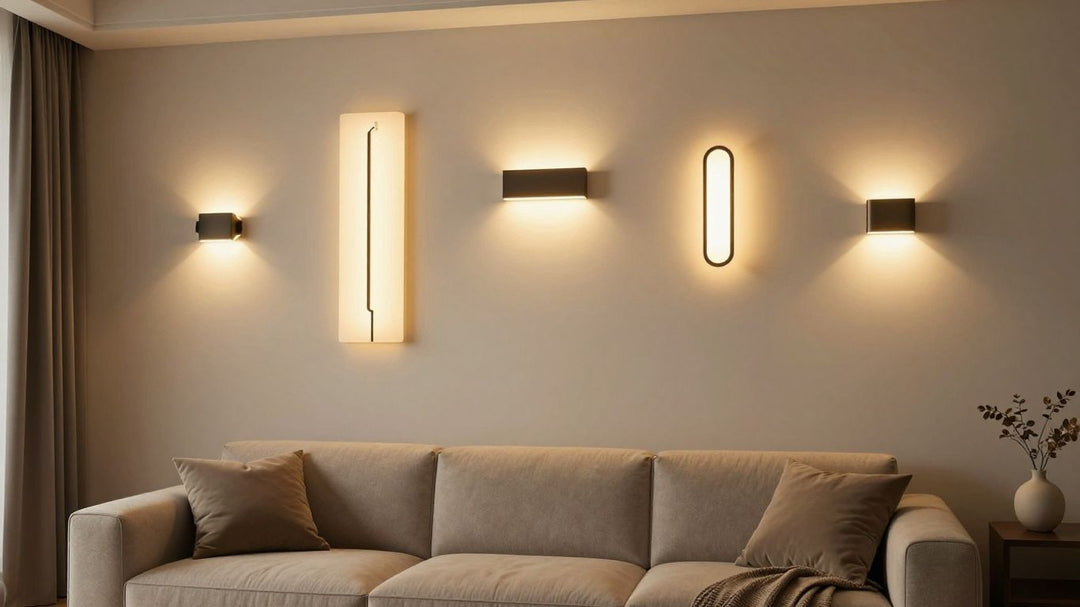 Contemporary wall lights illuminating a modern living room.