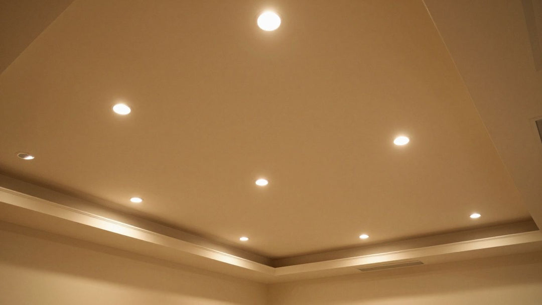 Recessed lights illuminating a vaulted ceiling in a living room.