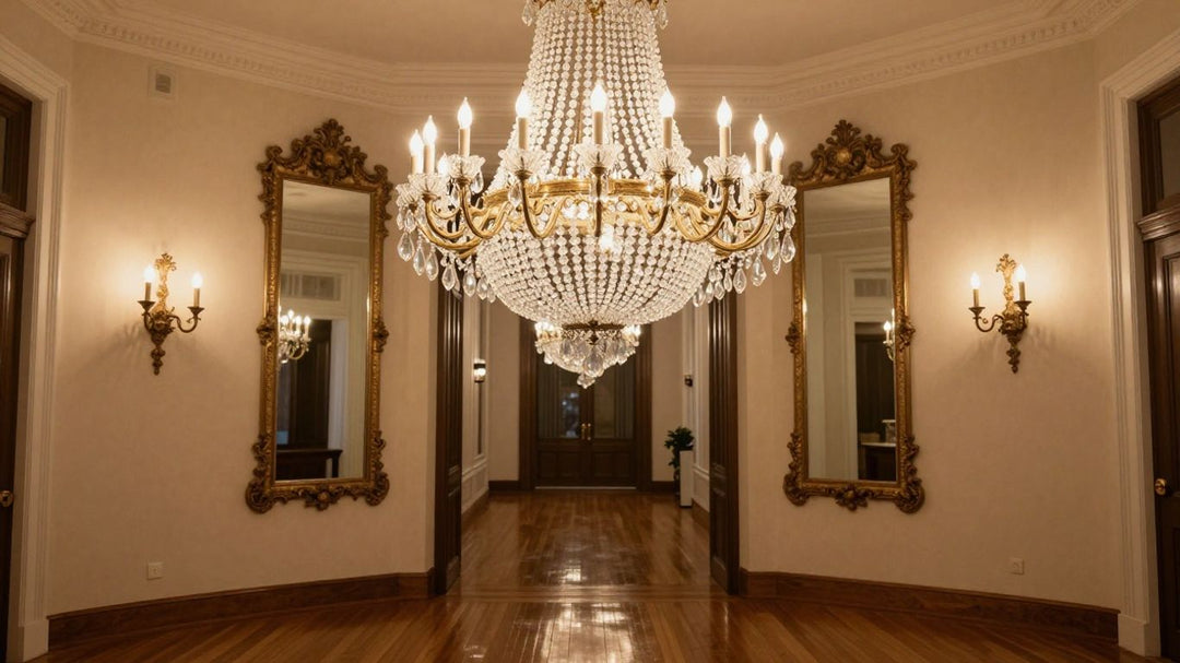 Elegant hallway chandelier illuminating a luxurious entryway.