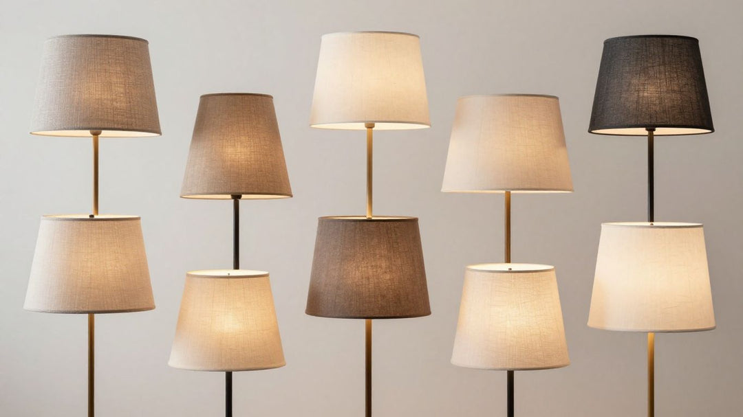 Various lamp shades for tall lamps in different styles.