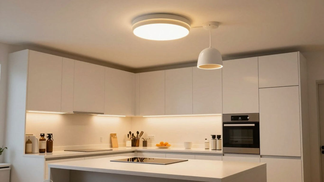 Modern kitchen ceiling lights from B&Q illuminating the space.