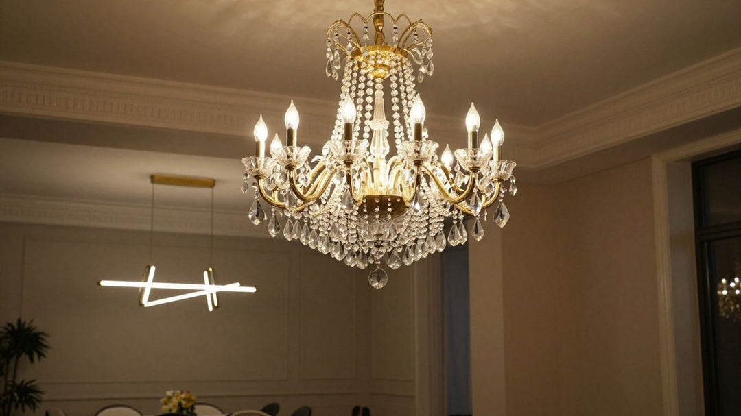 Elegant chandeliers illuminating stylish interior spaces.