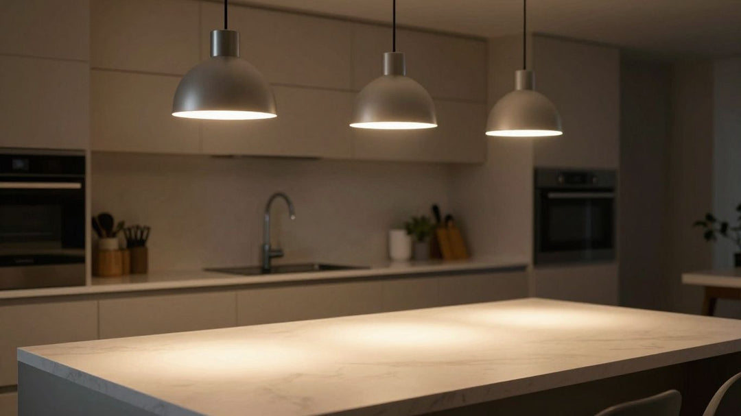 Three pendant lights over a kitchen island.