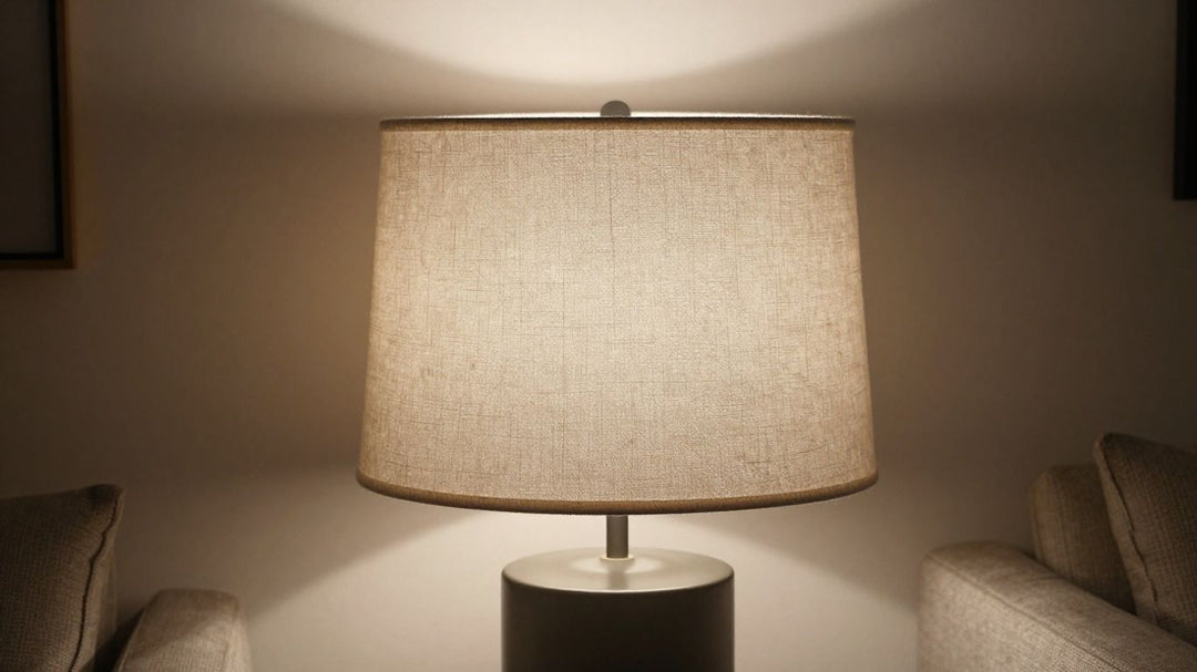 Large lamp shade in a cozy living room setting.