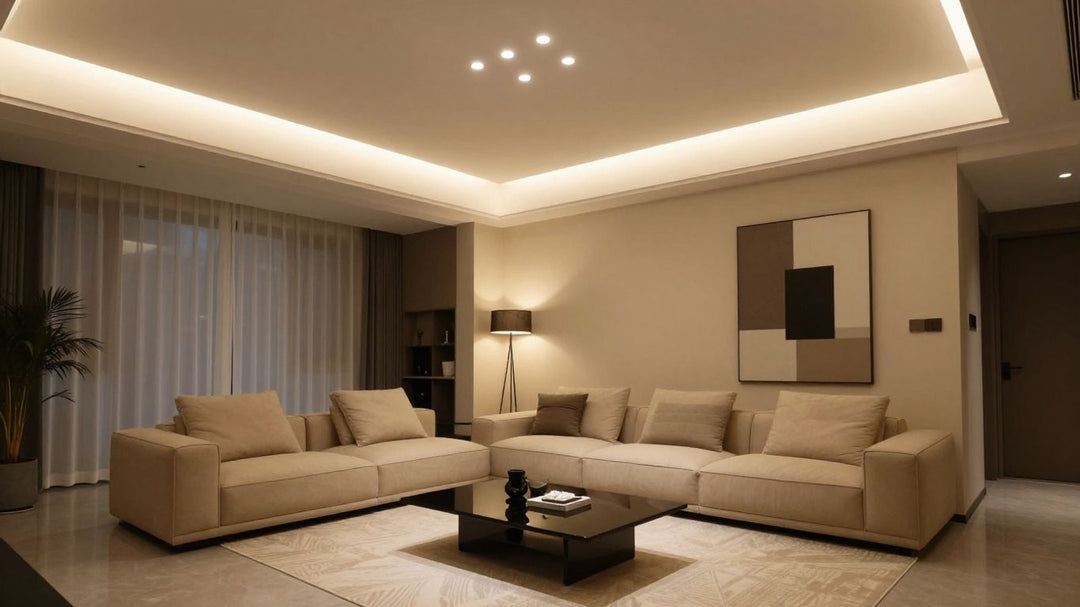 Modern living room with bright LED ceiling lights.