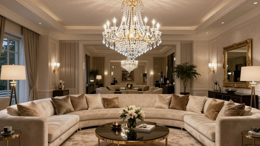Modern crystal ceiling light illuminating a living room.