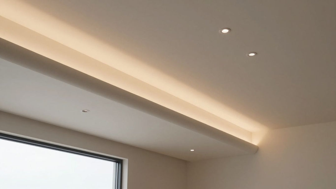Vaulted ceiling with modern spotlights illuminating a room.