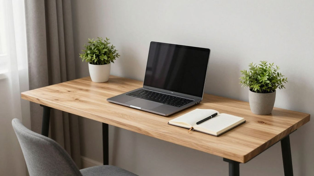 Small bedroom desk with laptop and plant.