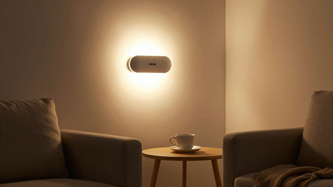 IKEA plug-in wall light illuminating a cozy living room corner.
