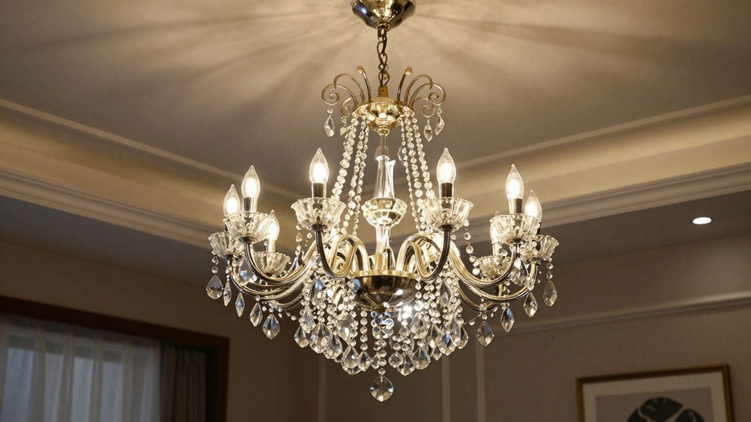 Elegant BHS chandelier in a modern living room.