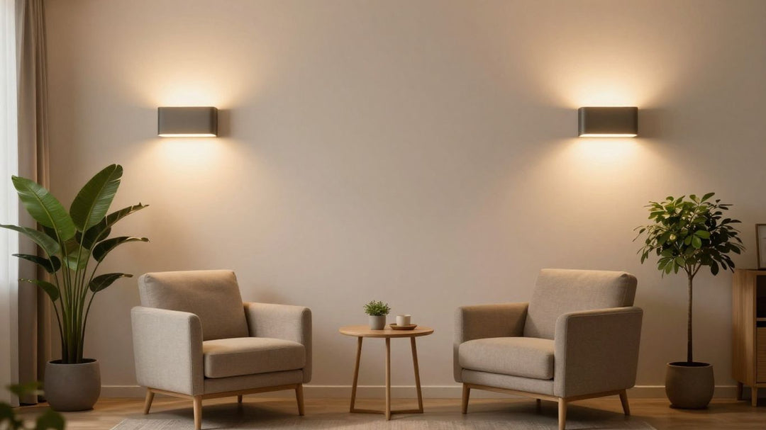 Modern living room with battery wall lights glowing brightly.