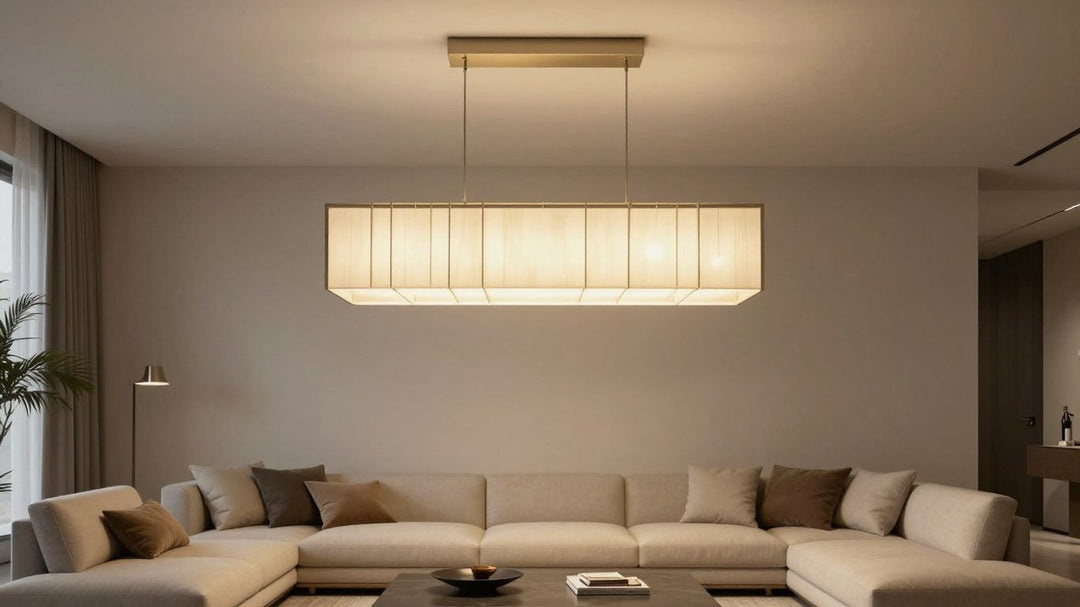 Modern rectangular chandelier in a stylish living room.