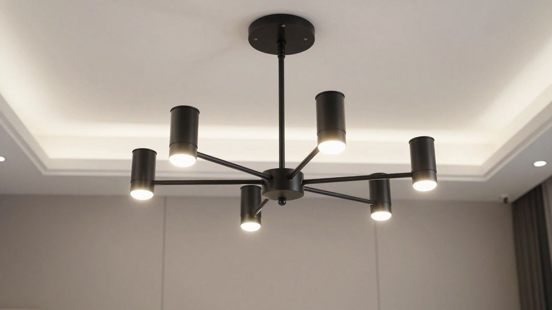 Black five-light chandelier in a modern dining room.