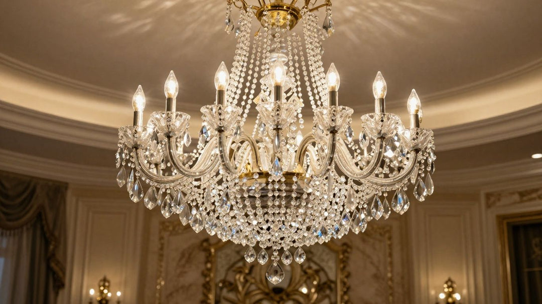 Crystal chandelier illuminating a luxurious living room.