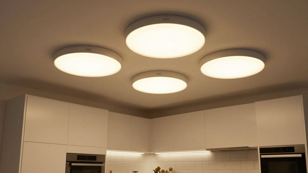 B&Q kitchen ceiling lights illuminating a modern kitchen.
