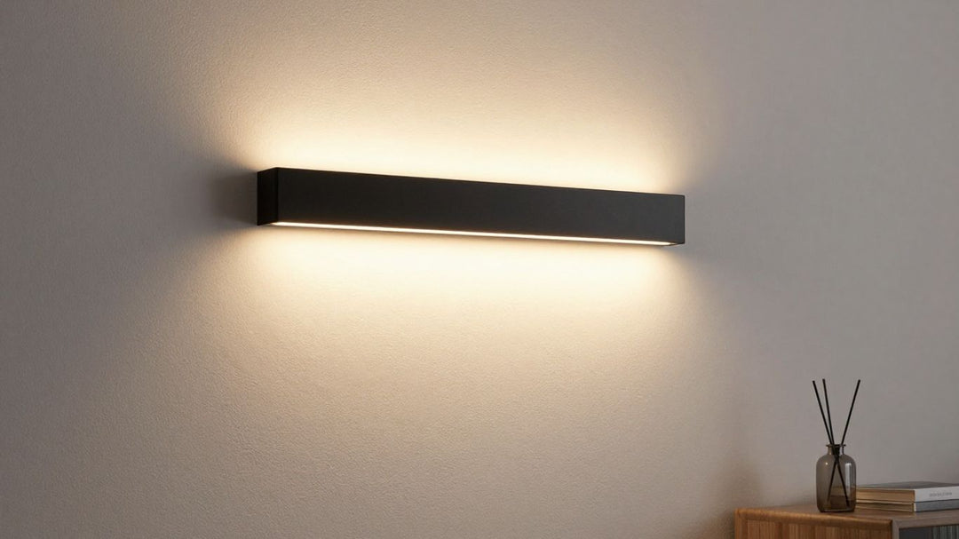 Stylish black indoor wall light illuminating a modern room.