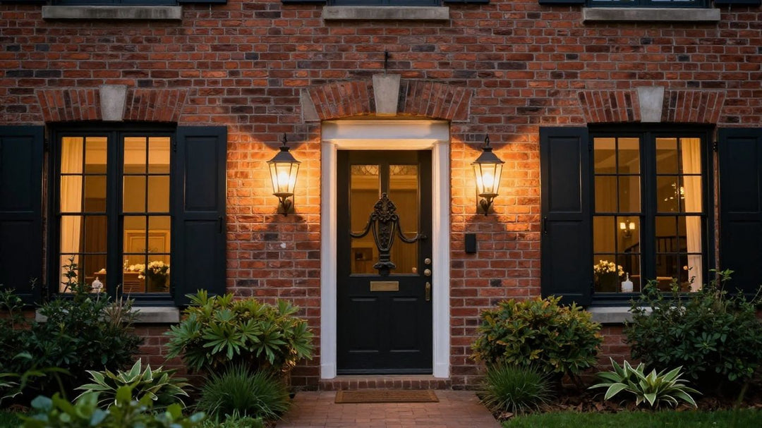 Traditional exterior wall lights on a brick house.