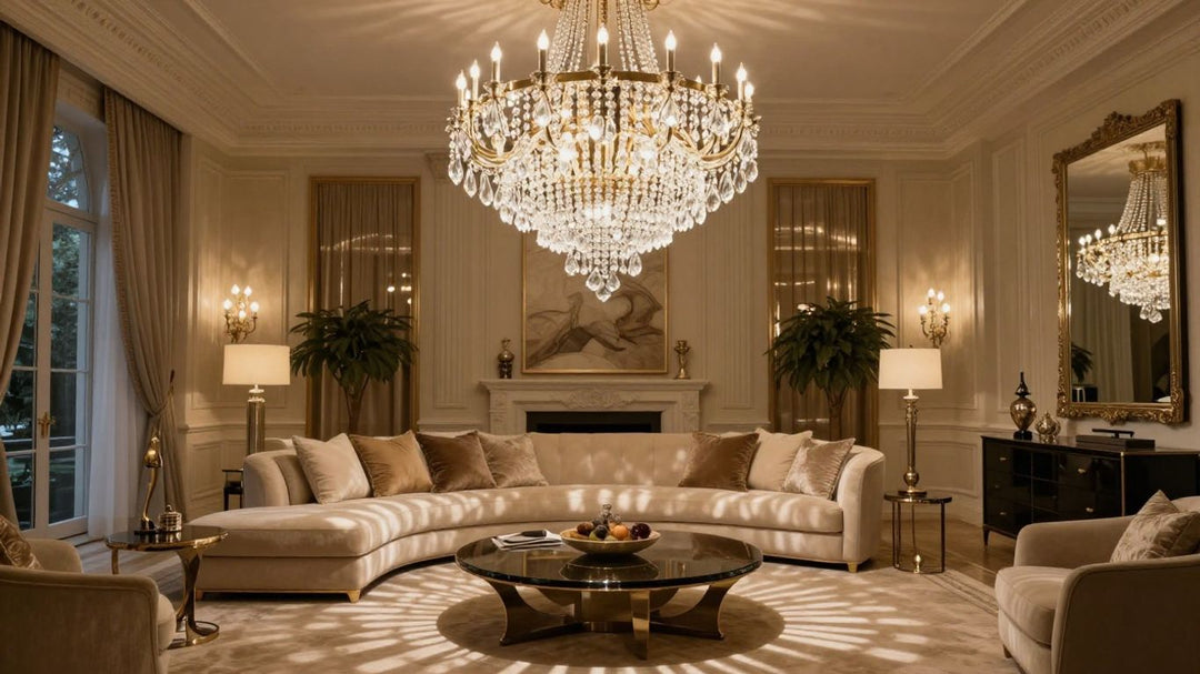 Elegant crystal chandelier illuminating a luxurious living room.