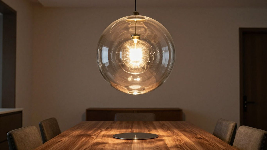Modern bubble light chandelier in a dining room.