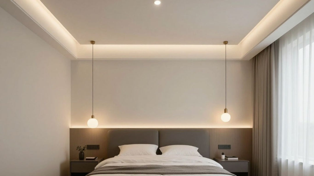 Modern bedroom with elegant, ambient lighting fixtures.