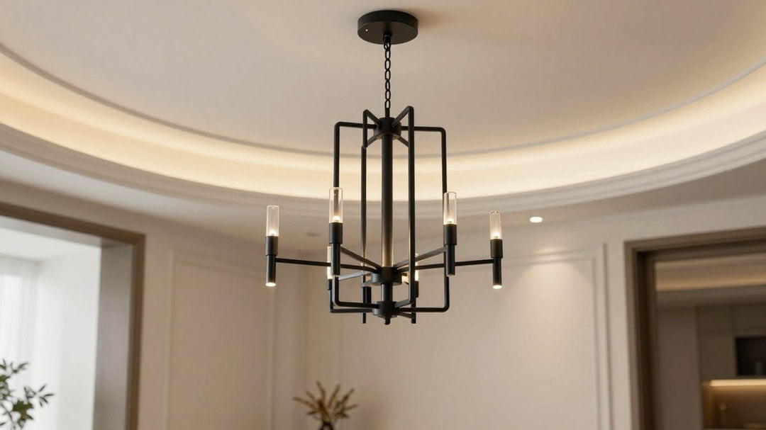 Modern black chandelier in an elegant room