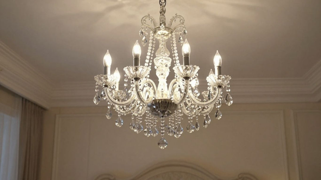 Elegant bedroom with a sparkling crystal chandelier.