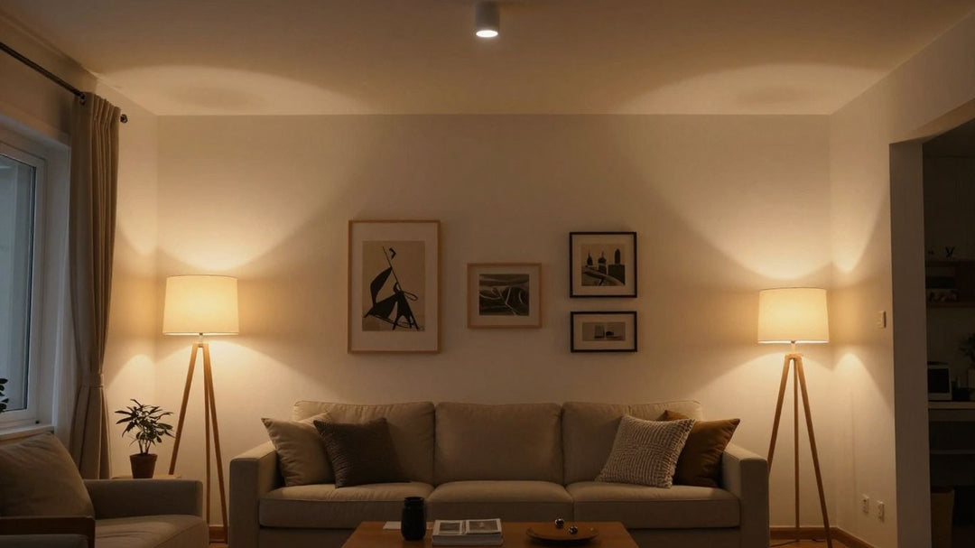 Smart lighting in a low-ceiling living room.