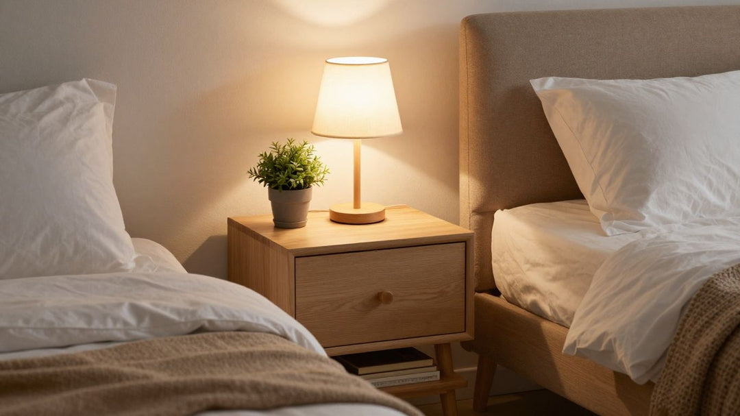 Small nightstand next to a bed in a bedroom.